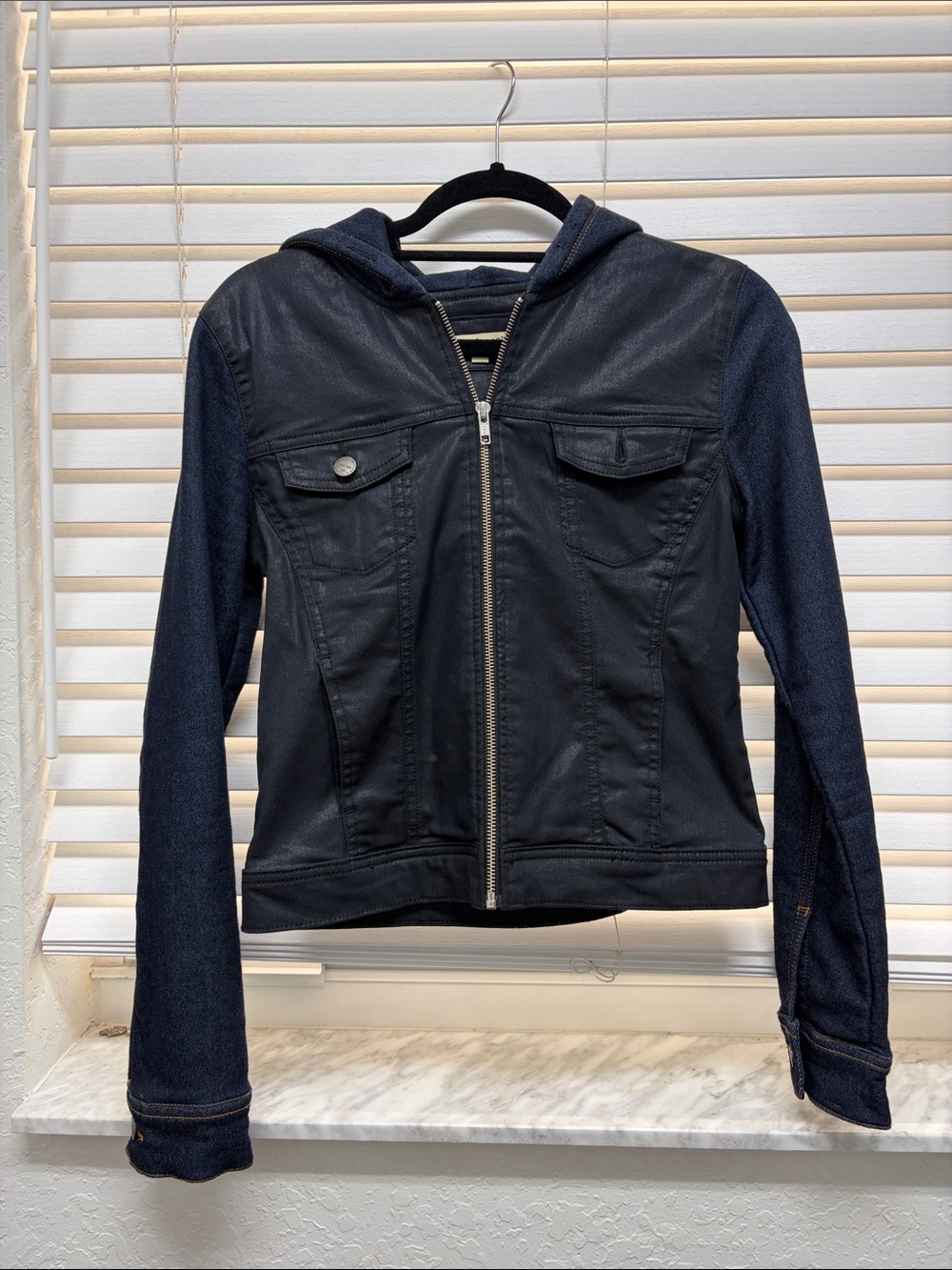 Sneak Peek Navy Hooded Zip-Front Jean Jacket